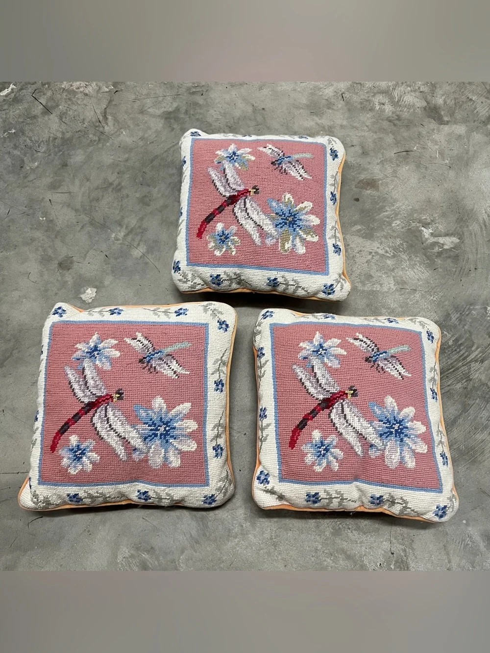 Vintage Needlepoint Pillow Dragonflirs and Flowers Lot Of 3 READ DESCRIPTION